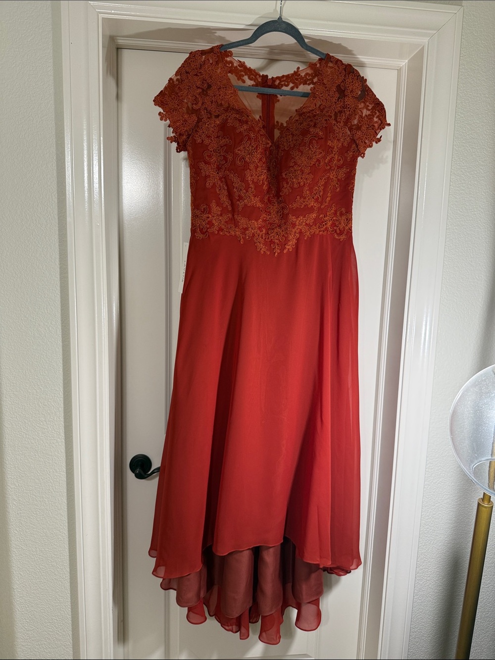 Elegant Red Lace Appliqué Midi Dress